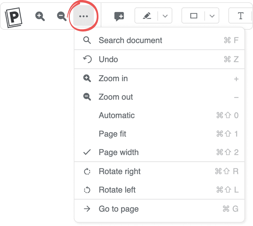 The PDF viewer toolbar with the circled three-dot menu open on Search document, Undo, Zoom in, Zoom out, Automatic, Page fit, Page width (ticked), Rotate right, Rotate left and “Go to page”, each with a shortcut.